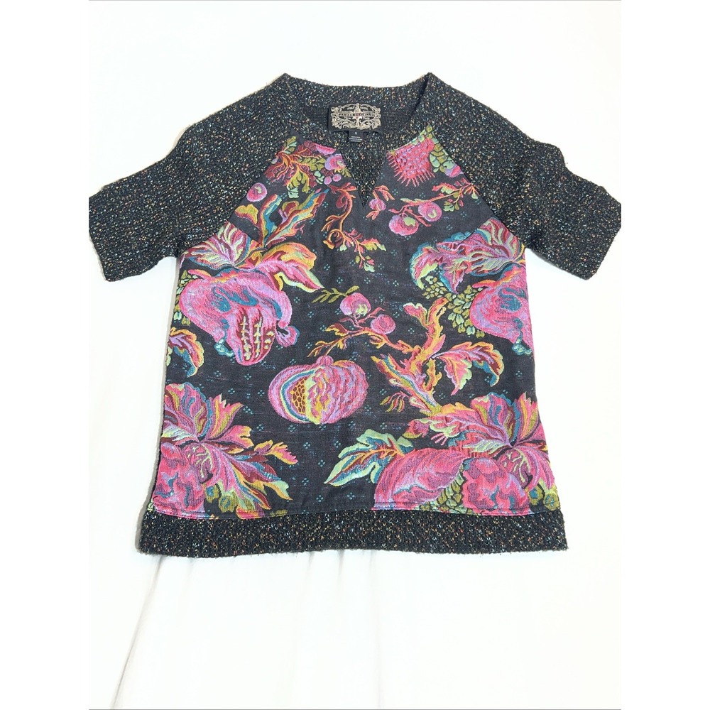 Anthropologie James Coviello Brocade Spliced Sweater Shirt Small Floral Shine